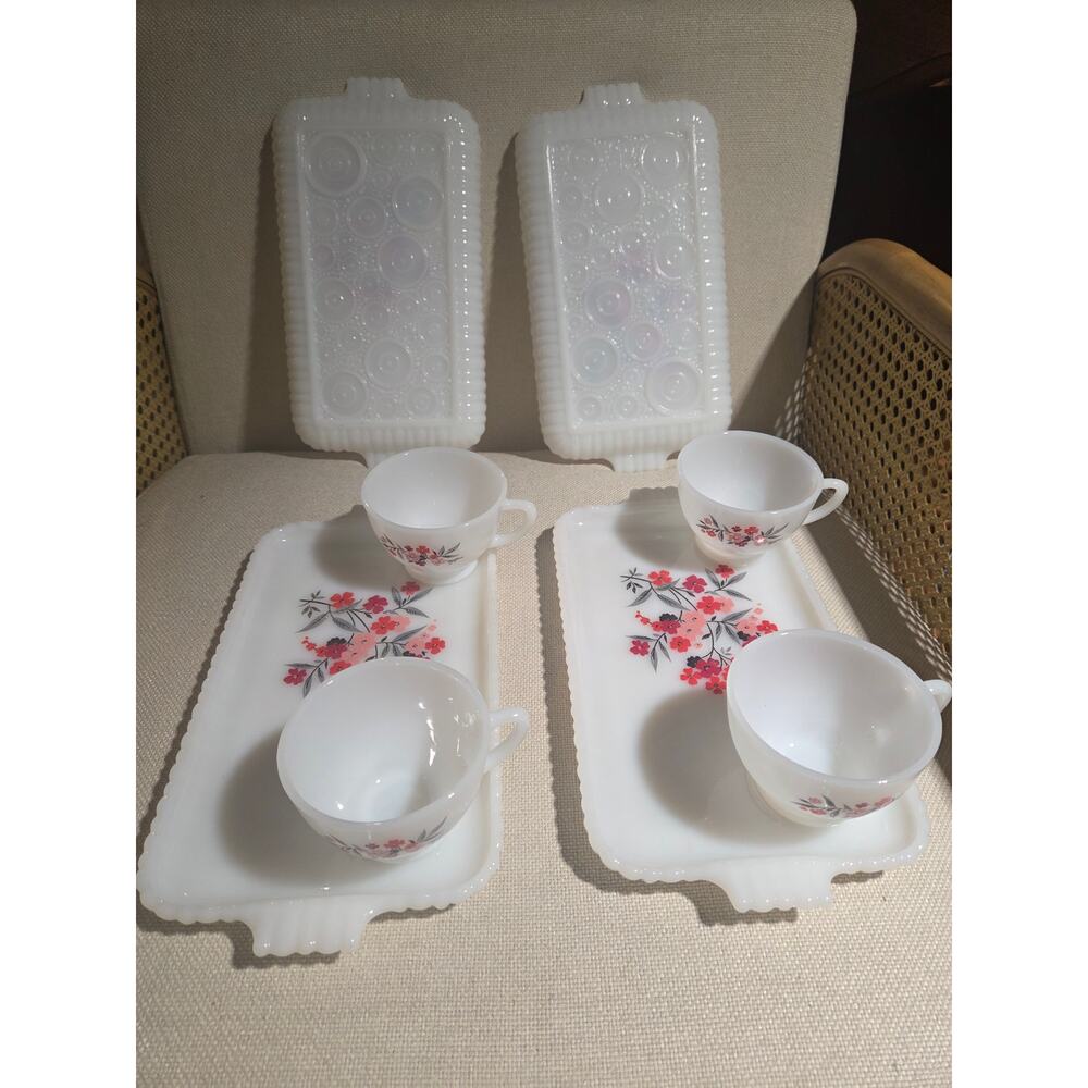 Vintage Fire-King Primrose Milk Glass Snack Set 8pc